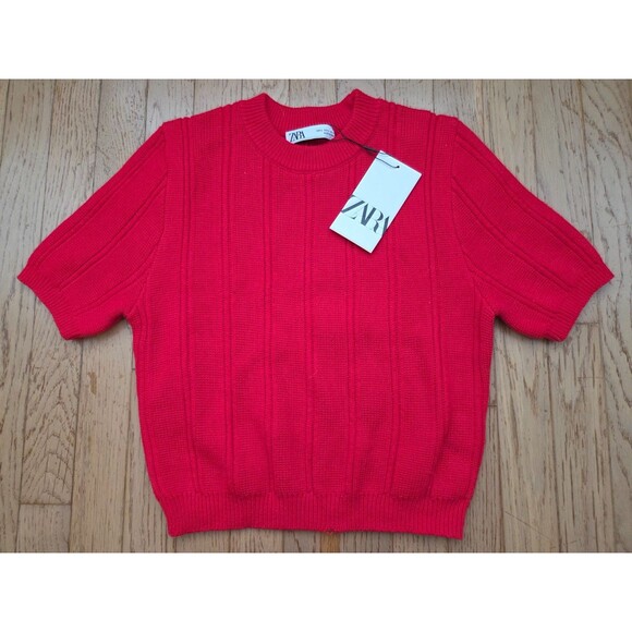 Zara Women's Cropped Knit Red Sweater Short Sleeve Top Large New With Tag - Picture 1 of 5